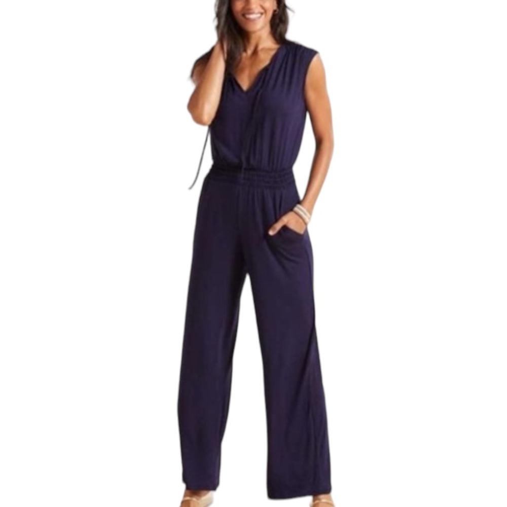 MICHAEL STARS Olive Green Split Neck Smocked Waist Jersey Knit Jumpsuit Medium